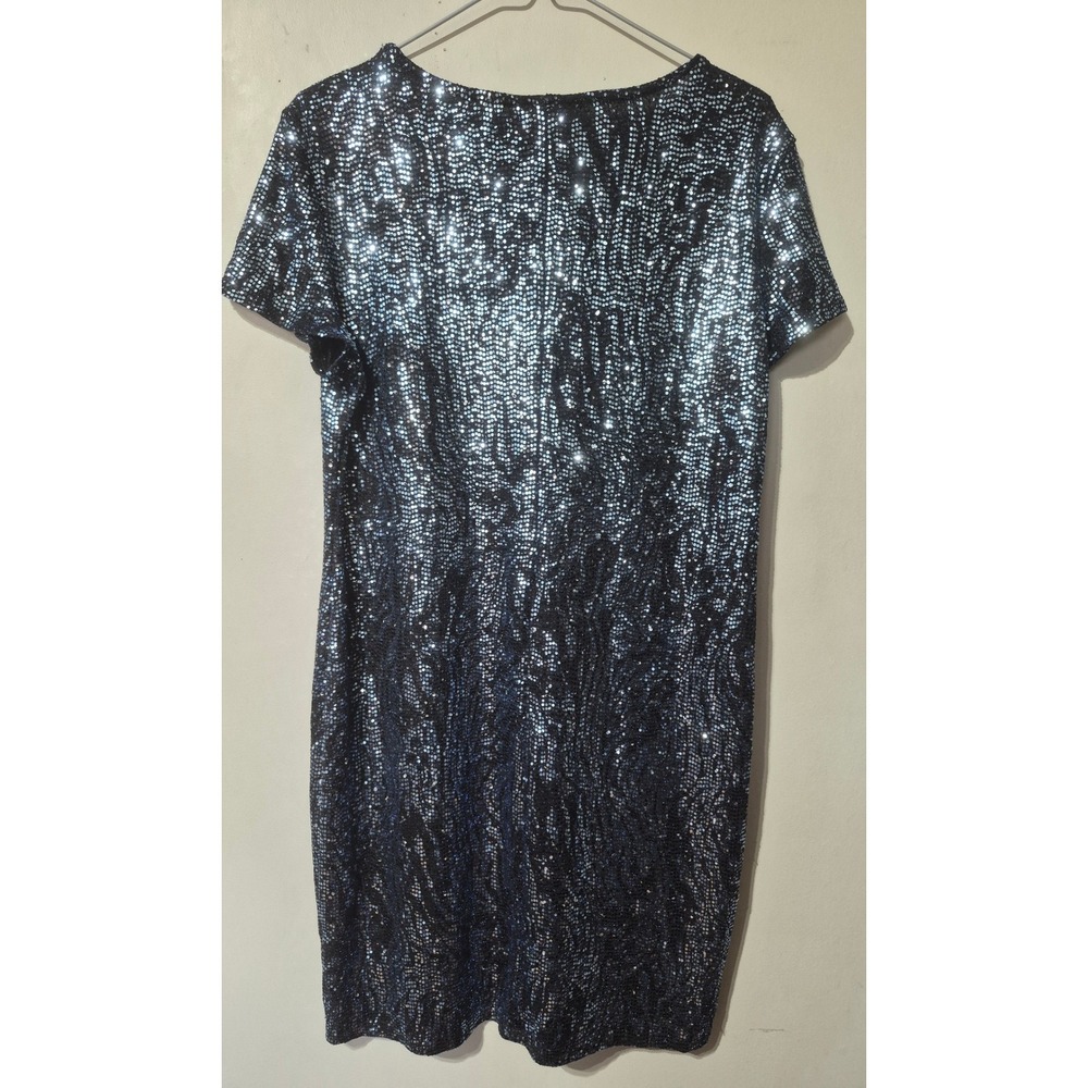 Bebe Women Blue Black Sequin Short Sleeve Shift Cocktail Dress XL Made in USA - Picture 2 of 6